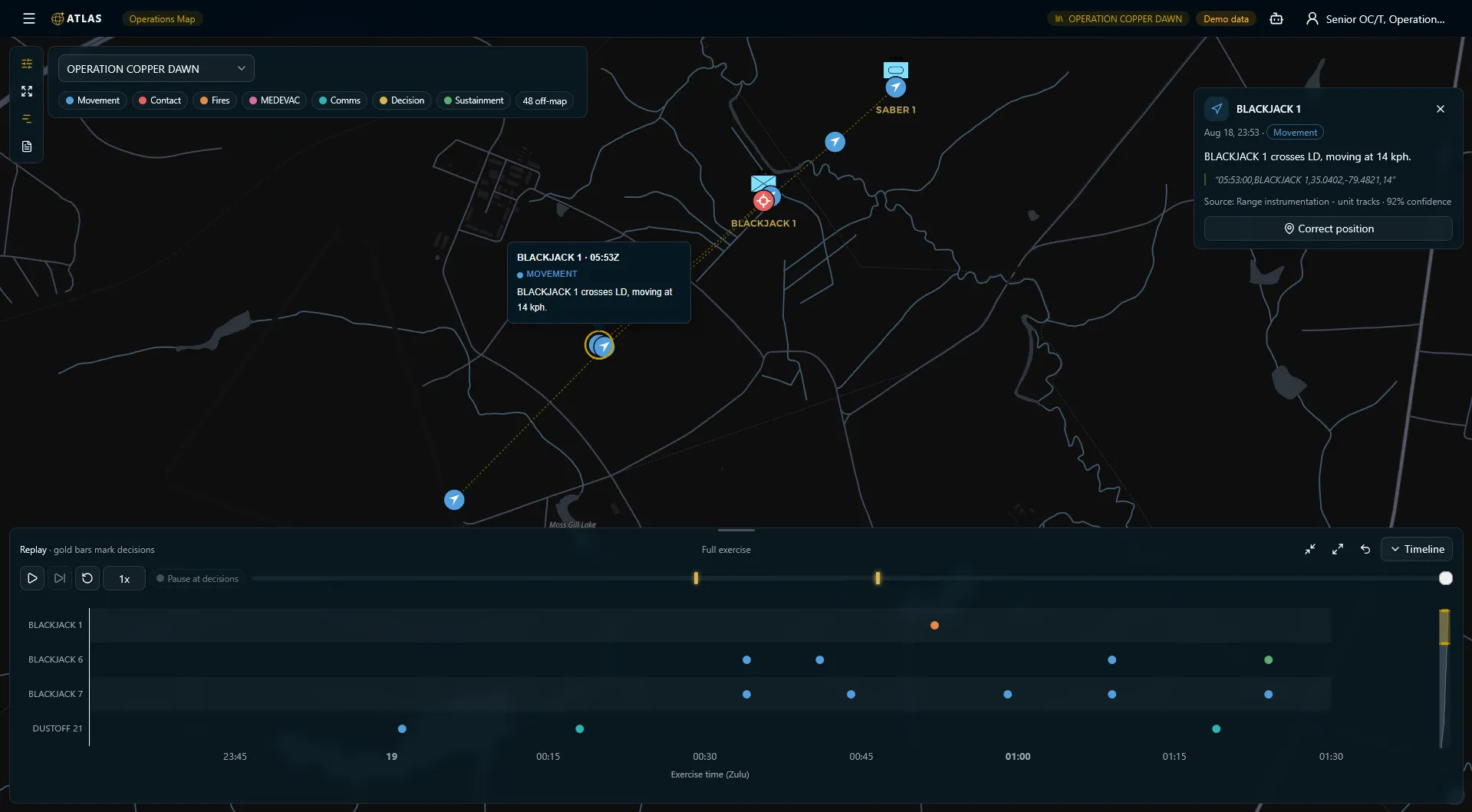 ATLAS operations map replaying unit tracks with a synchronized timeline drawer.